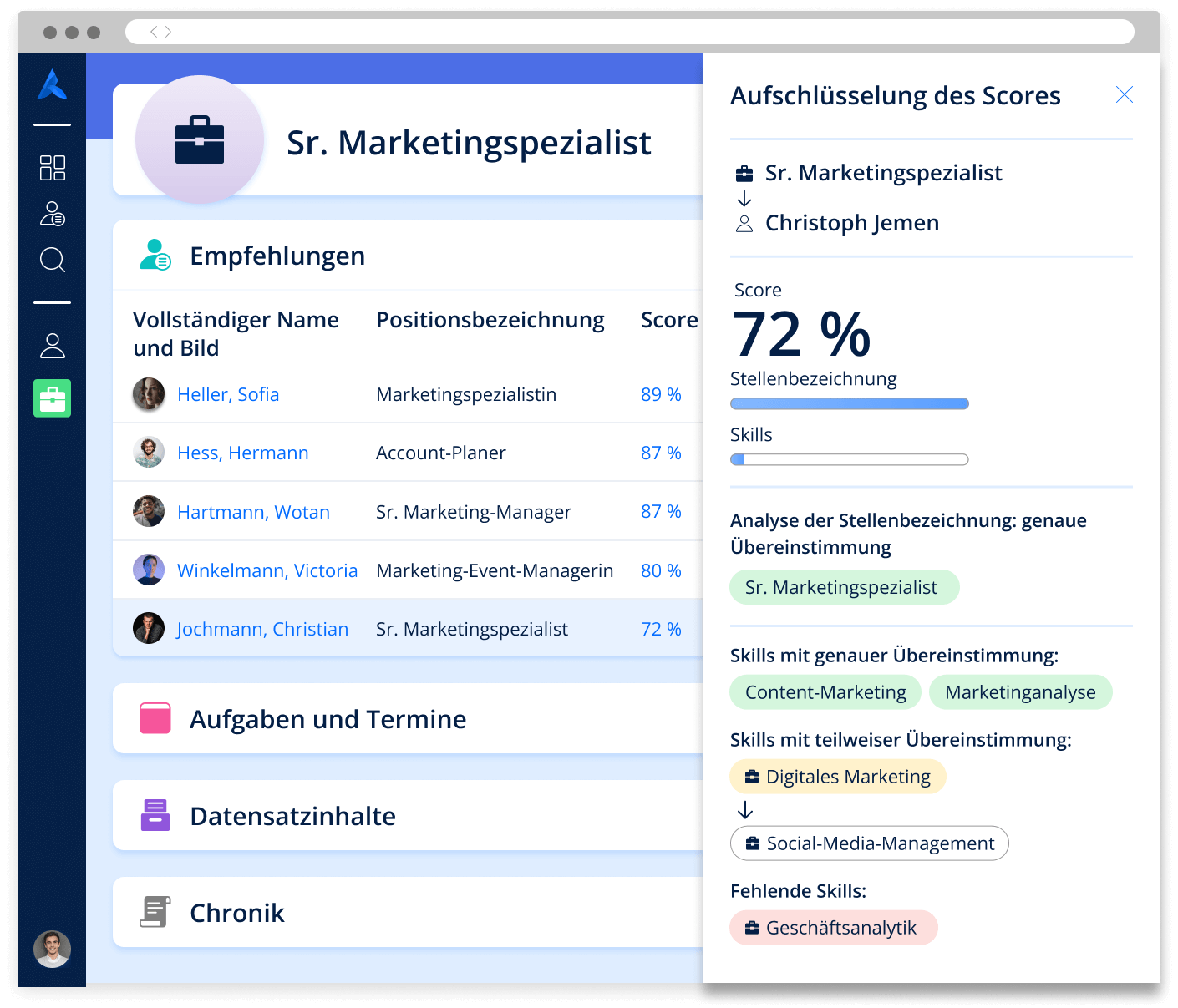 Screenshot mit Kandidaten-Score, berechnet mit Avature KI