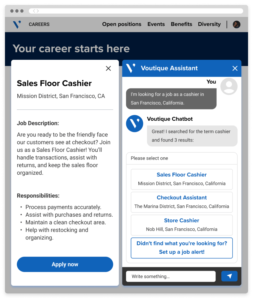 Screen showing career site with a AI chatbot conversation showing the chatbot sharing possible open jobs