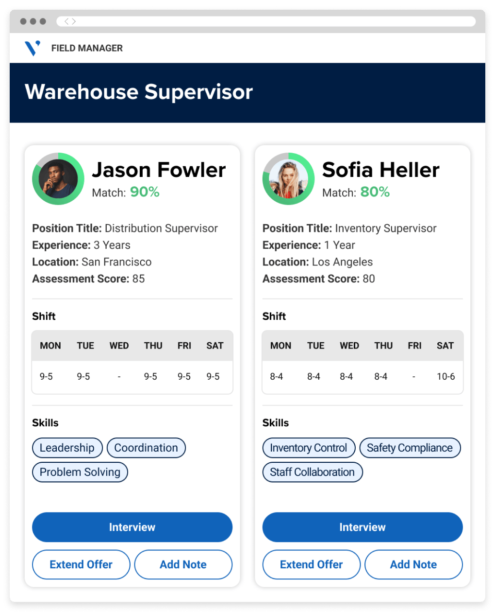 Screen shot comparing different candidates, with a matching score showing suitability to role based on skills and availability