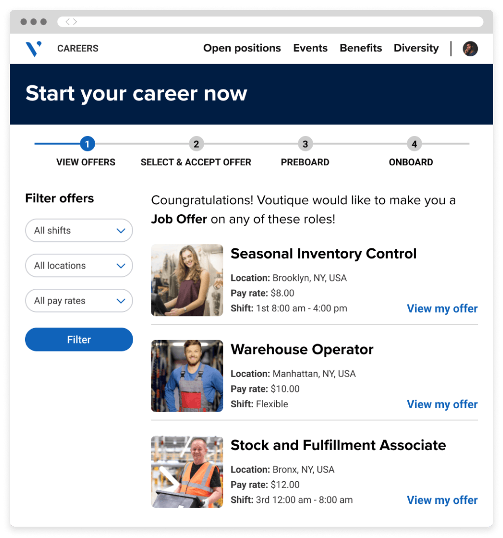 A screenshot of a career site where candidates can view and compare job offers for inventory control, wareghouse operator and stock associate