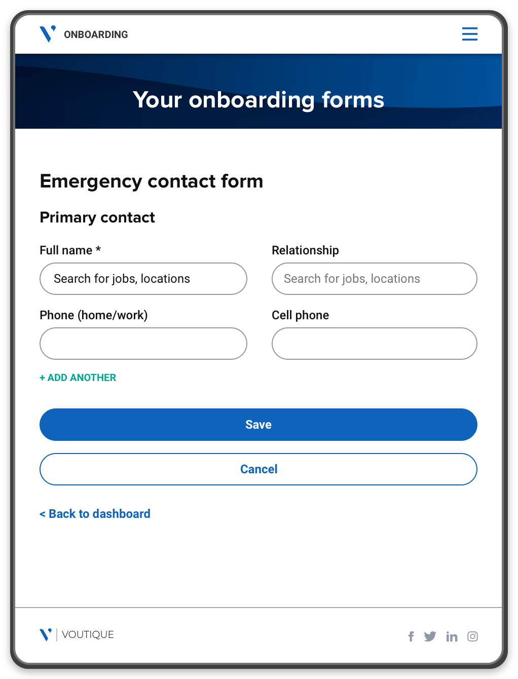 An onboarding portal showing an emergency contact form that the new hire can complete and save.