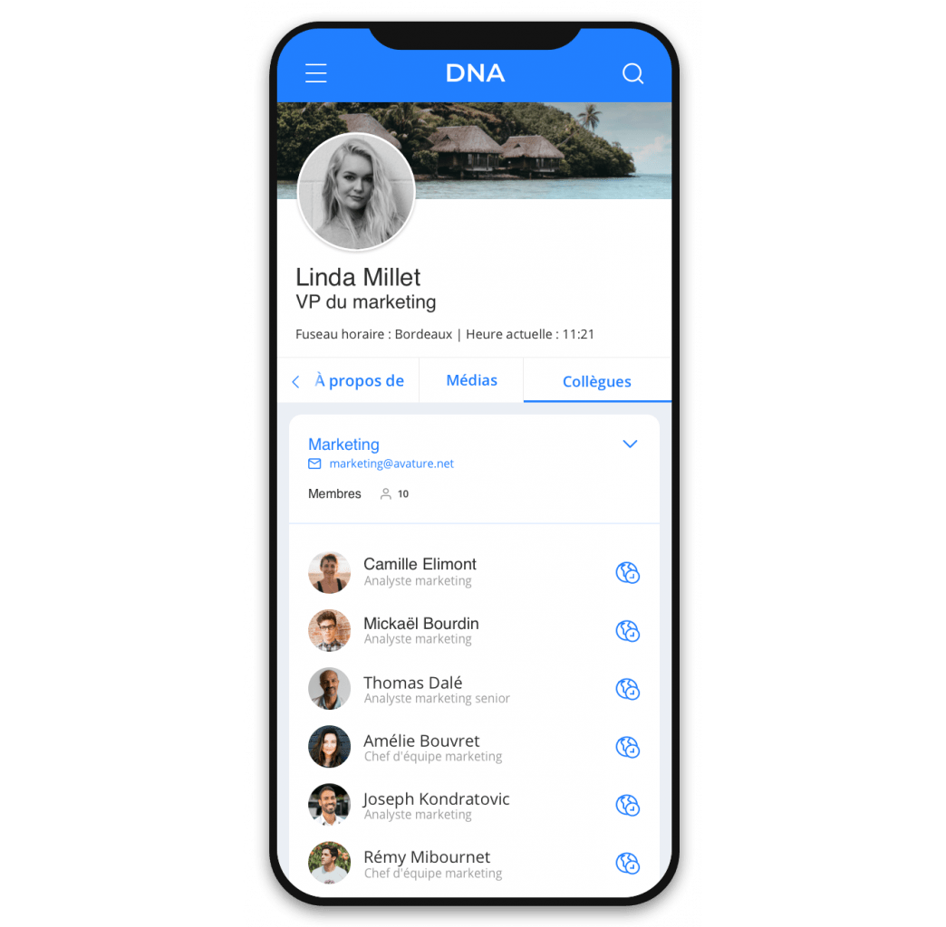 Version mobile d'Avature DNA présentant le profil d'un nouvel employé. Il peut interagir avec ses nouveaux coéquipiers et avec l'organisation.