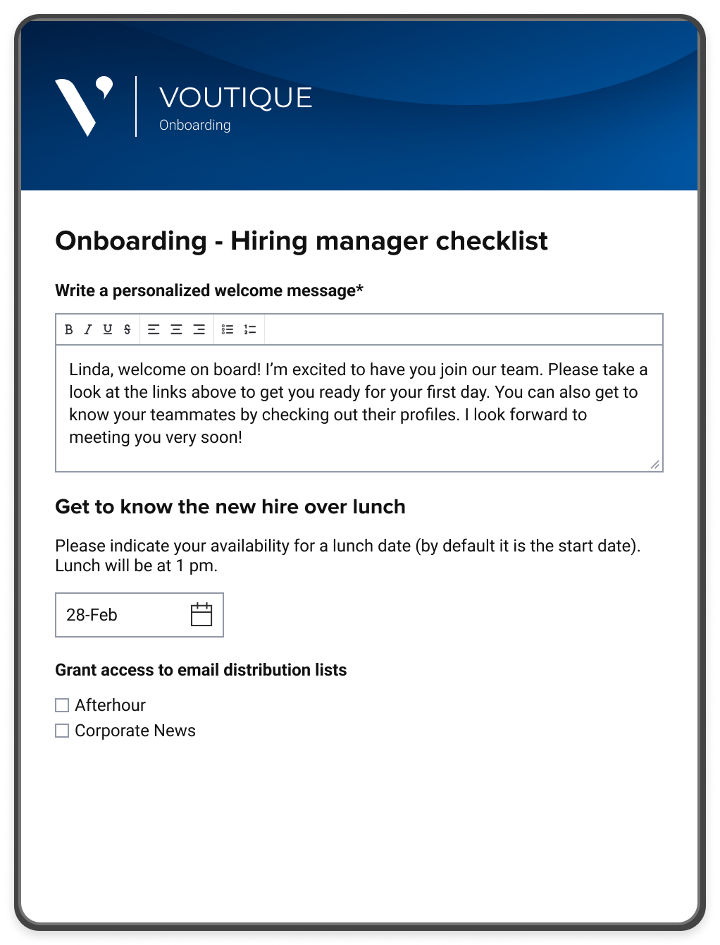 An onboarding portal where hiring managers can write a personalized welcome message and schedule a lunch date with new hires.