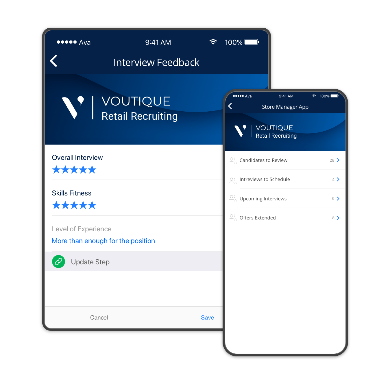 Avature's Store Manager app displaying a candidate’s interview feedback, and a second screen showing a summary of recruiting tasks.
