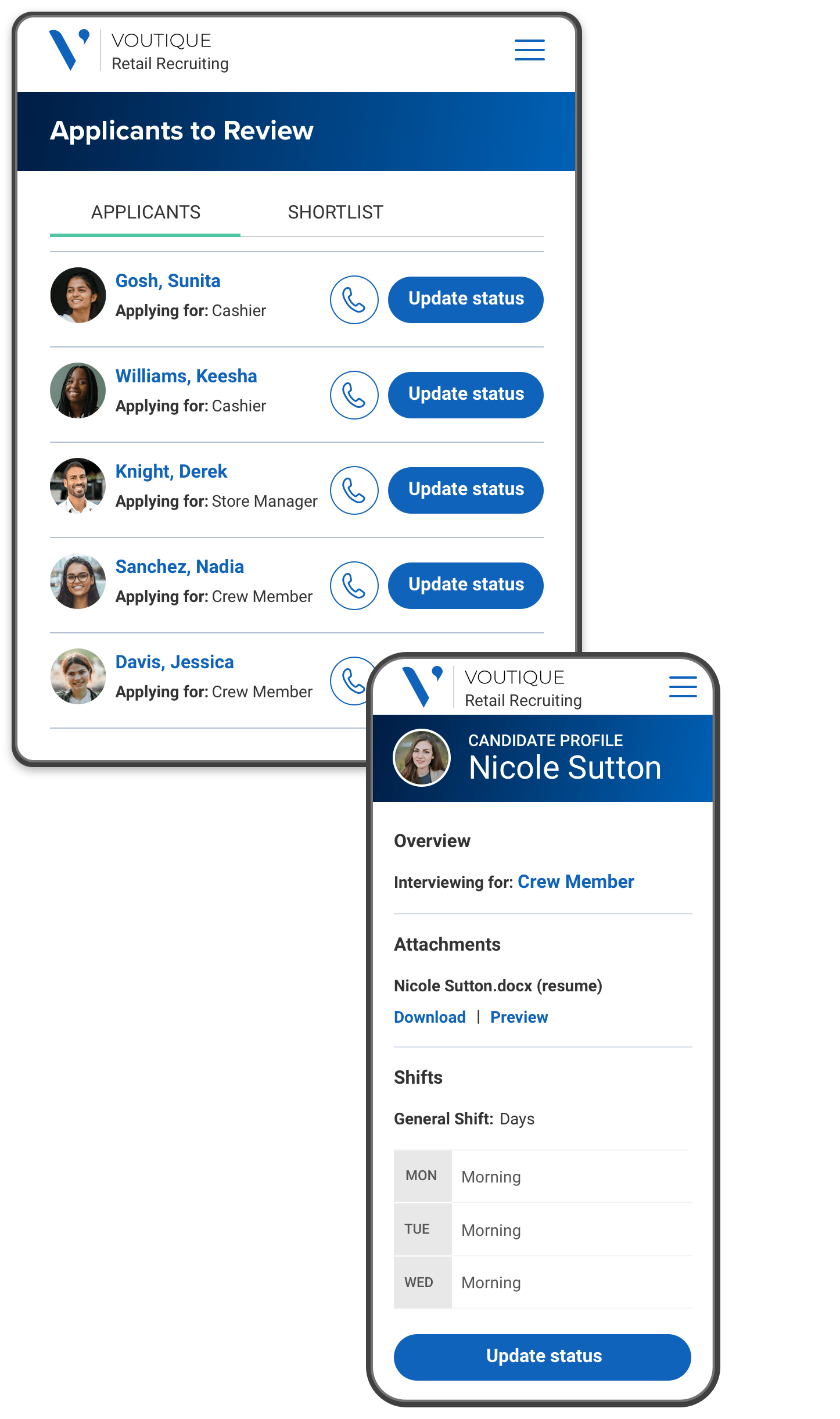 A mobile store manager site displaying a list of candidates to review, and a mobile microsite containing a candidate’s information and status.