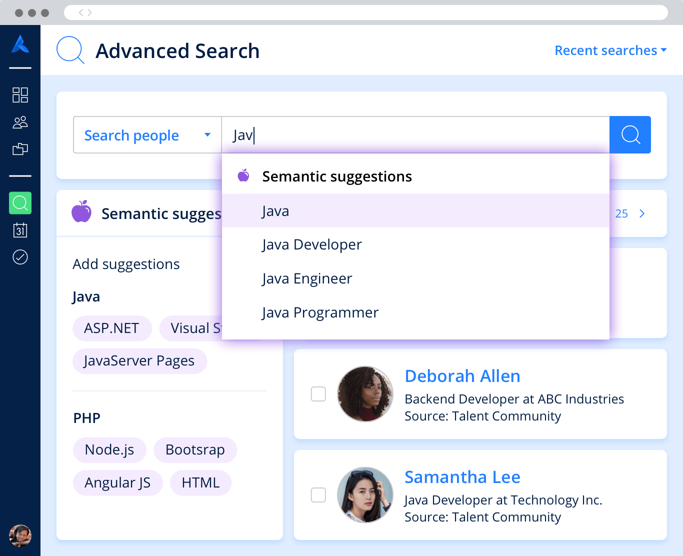 The advanced search page, highlighting semantic suggestions for a new candidate search.