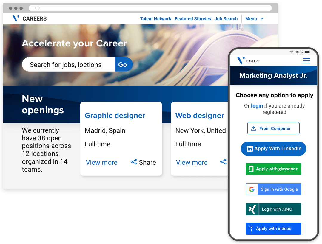 A portal to search and apply for jobs, and a mobile version of the portal with options to apply using social media accounts.