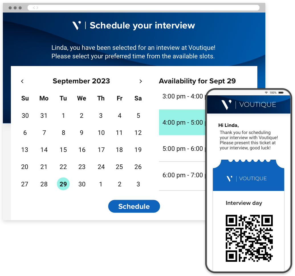 An interview scheduling portal showing available timeslots and a mobile portal with a QR code to access the interview.