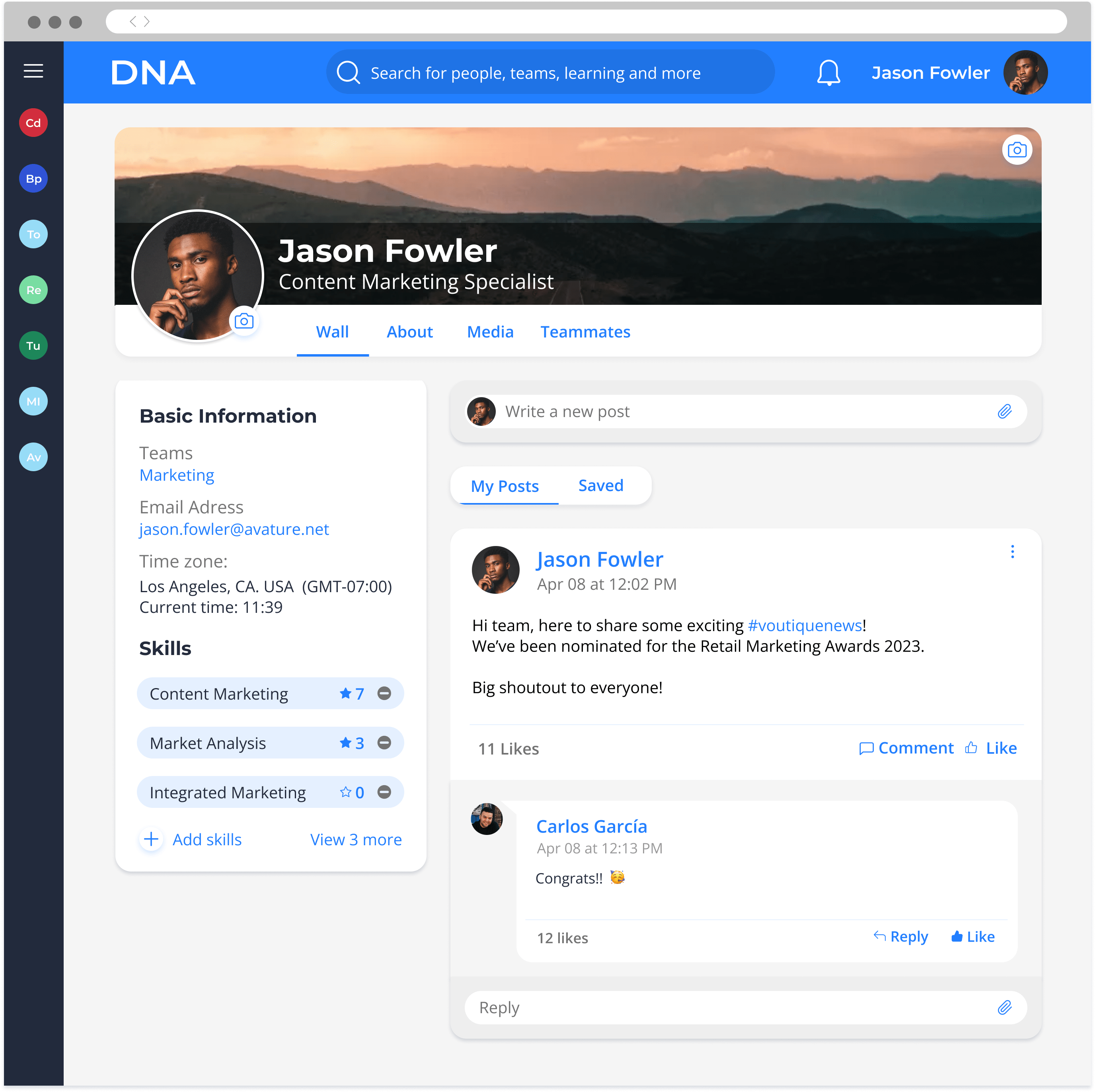 An Avature DNA user's profile, showing their basic information, profile picture, work history, skills, and recommendations. 