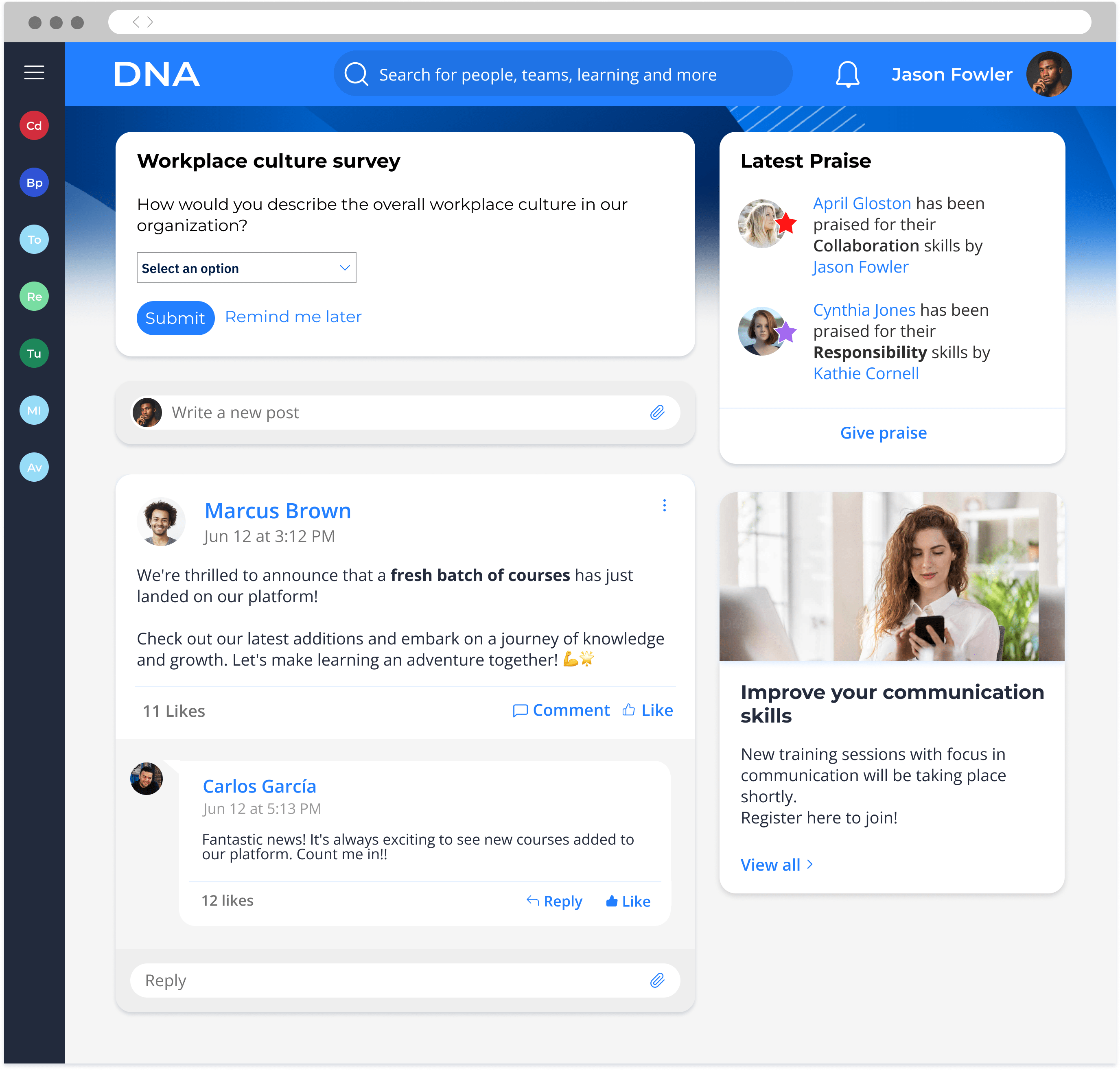 A DNA home page, showing an advertisement for a communications workshop and job opportunities based on the user's skills. 