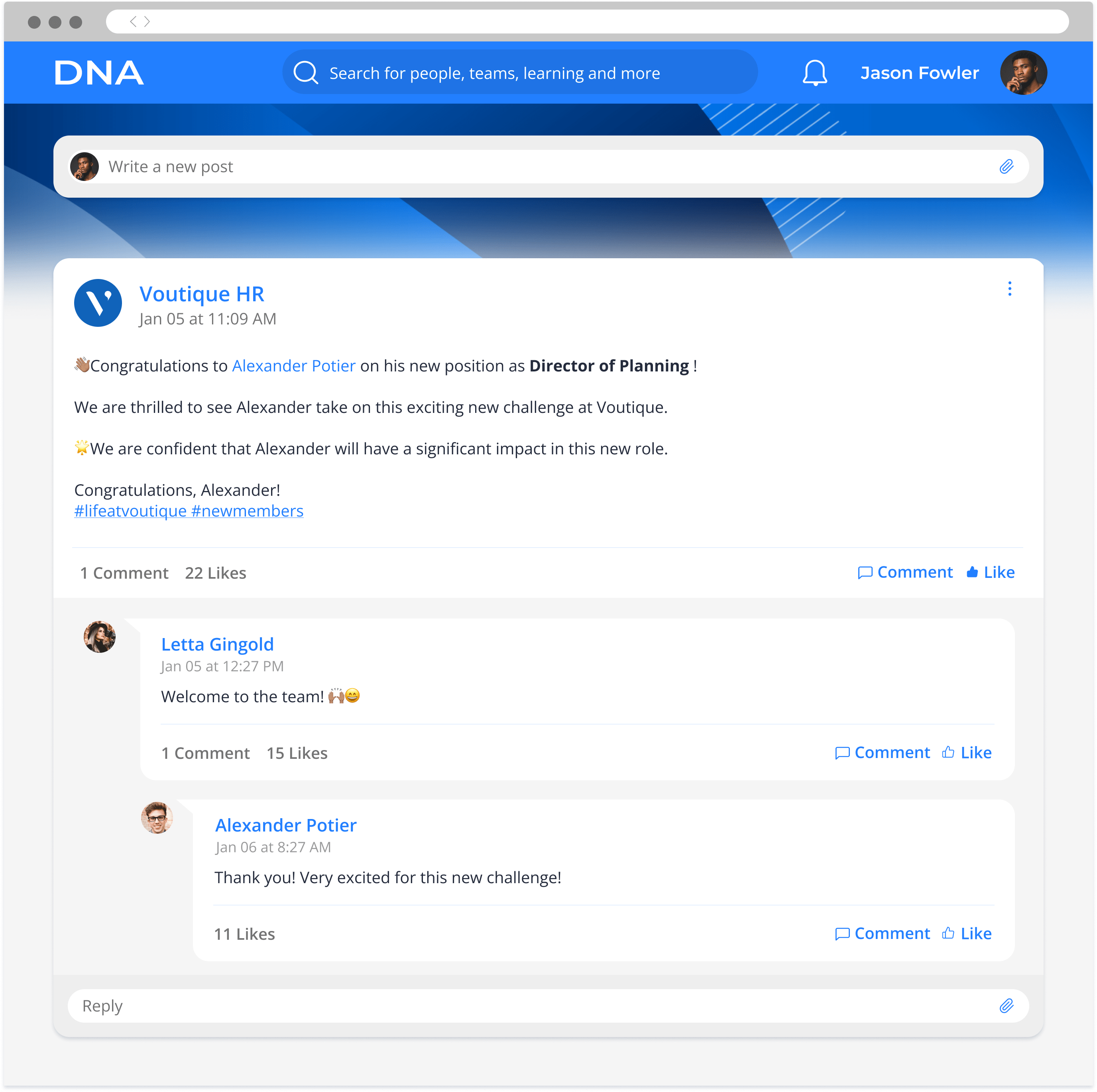 An automatically generated Avature DNA post congratulating an employee for their 3-year anniversary at the company. 