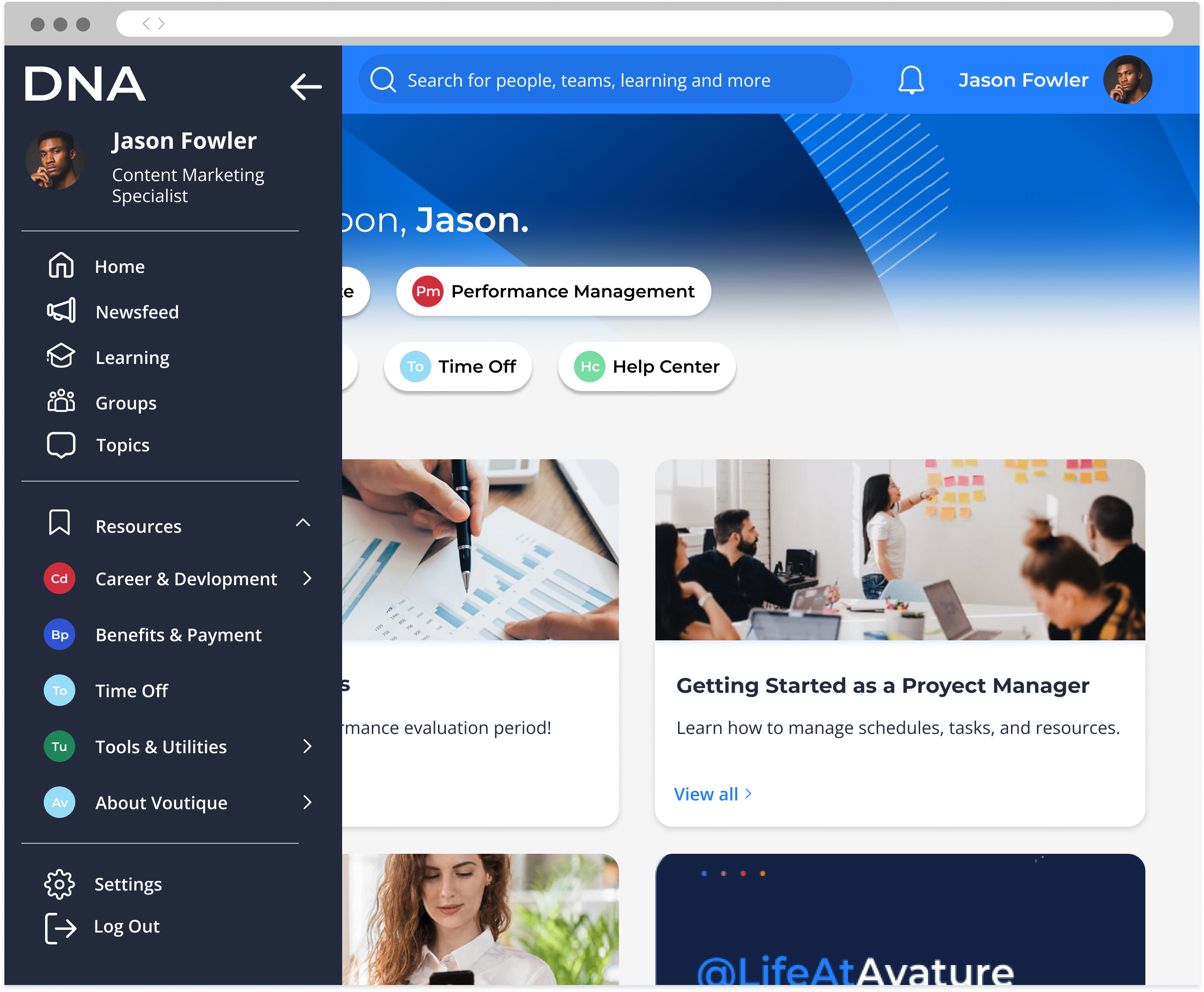 Avature DNA's main menu, showing links to the company's various resources, such as time off and career and development portals. 