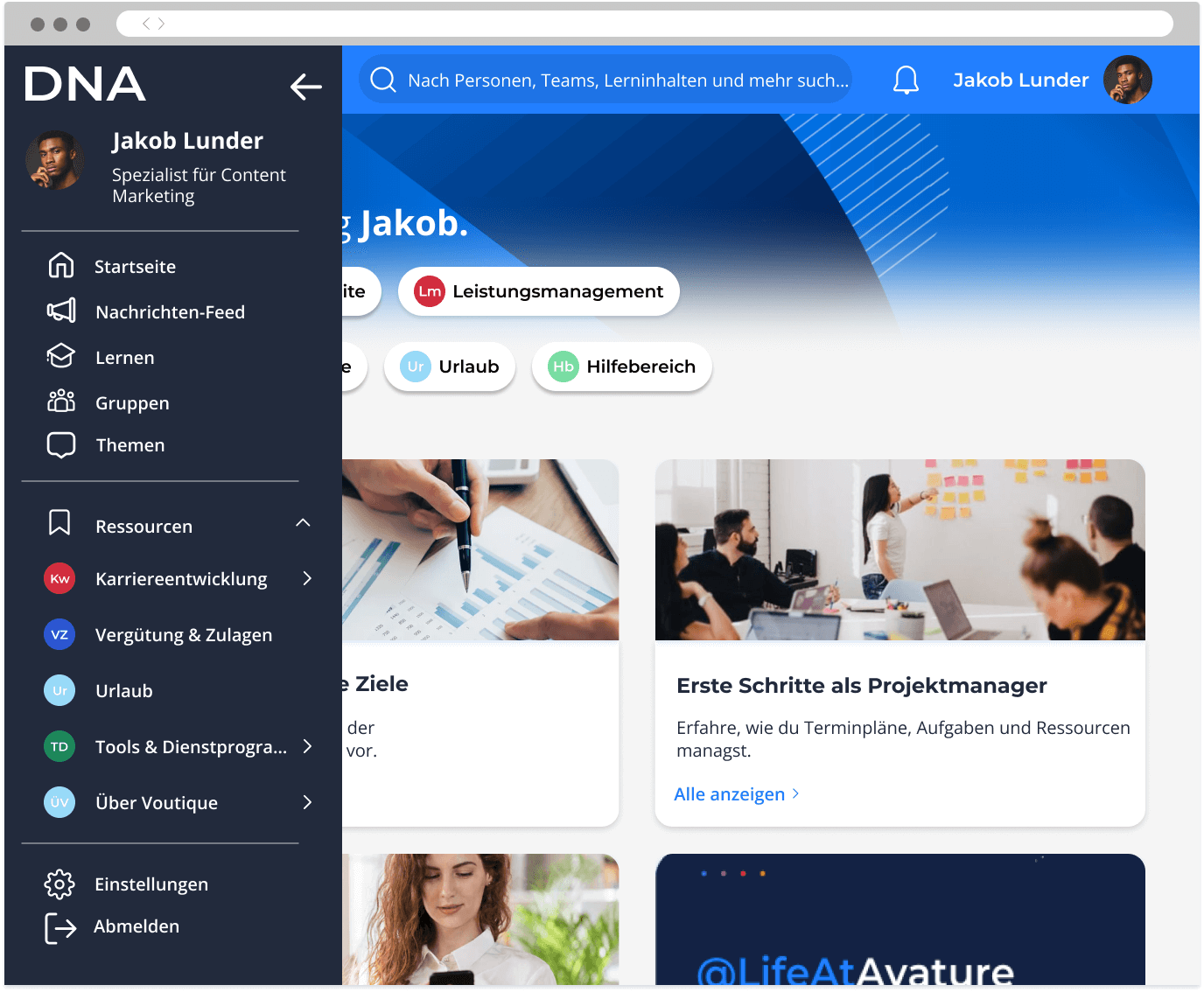 Das Hauptmenü von Avature DNA mit Links zu Unternehmensressourcen wie Urlaubsantrags-, Karriere- und Entwicklungsportalen.