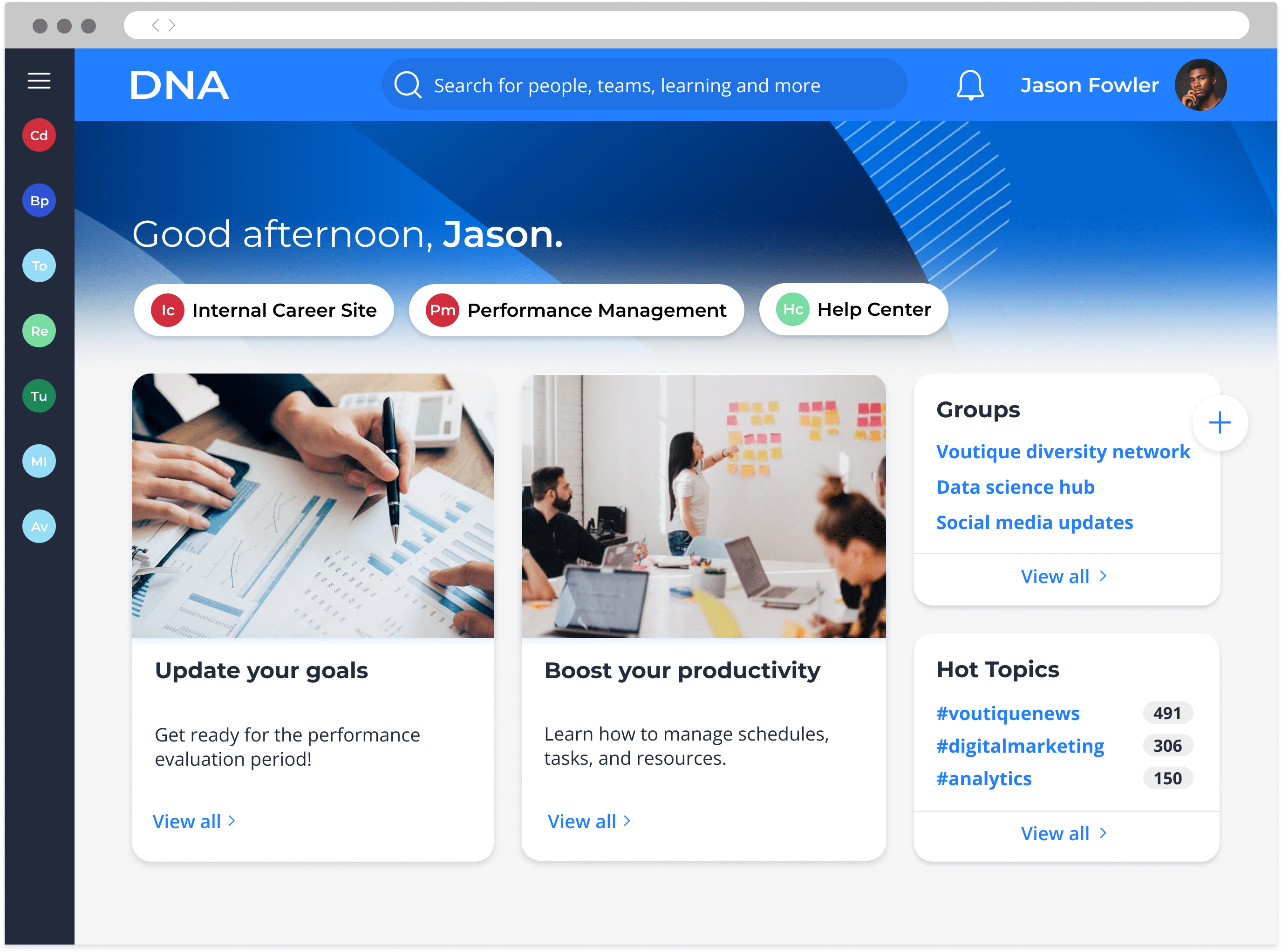 An Avature DNA home page, showing a feed of posts, as well as a list of hot topics, a skill endorsement section, and more. 