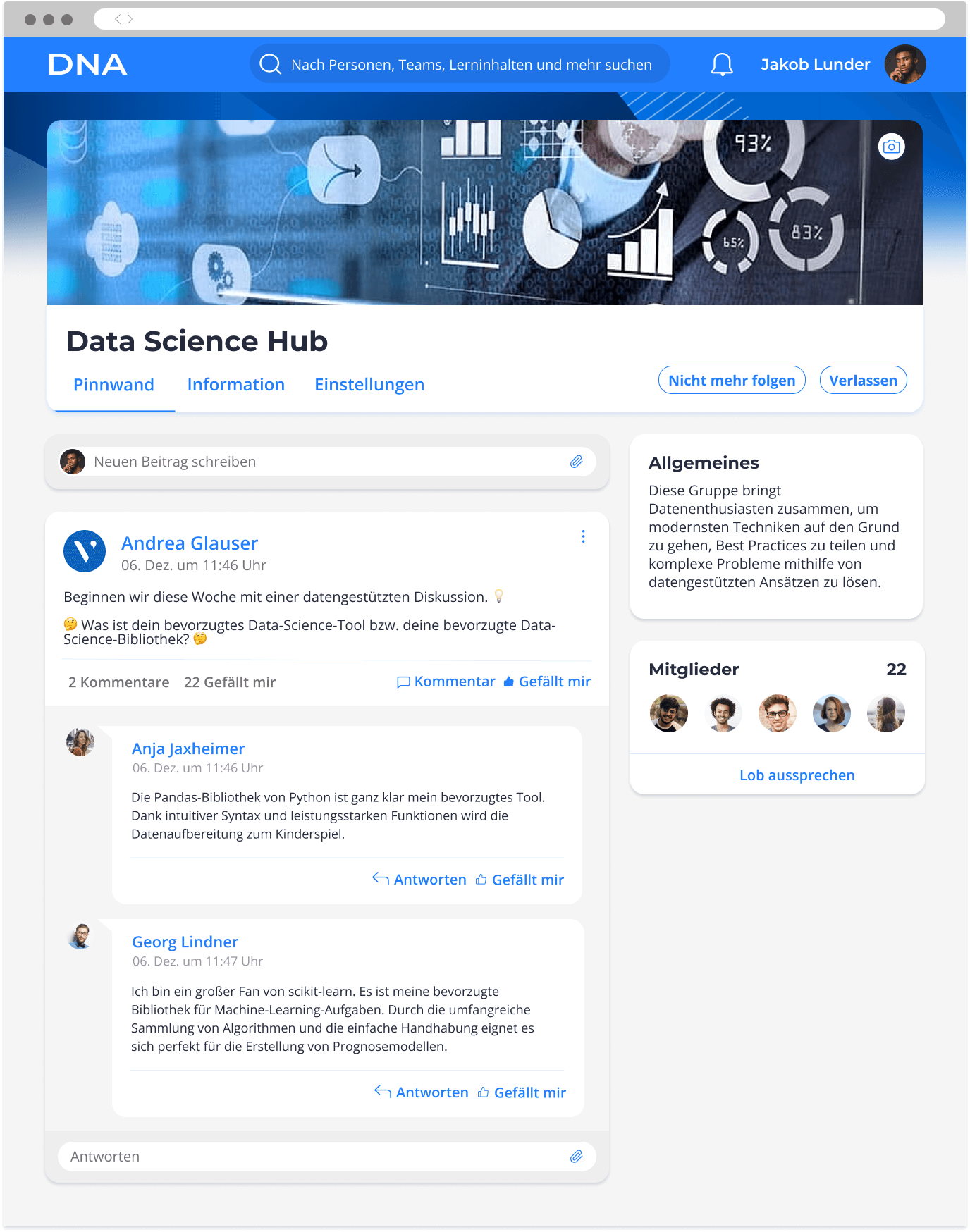 Suchfunktionsbeispiele von Avature DNA für PC und Mobiltelefon mit Mitarbeiterlisten auf Basis von Standort, Interessen und Sprache.