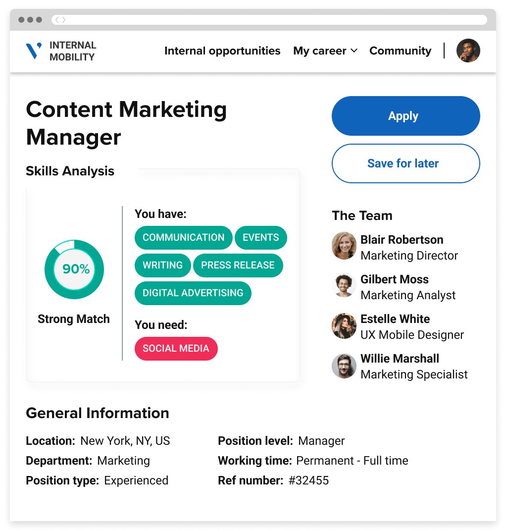 An internal mobility website, showing the user's overall score and skills matching for a position and the option to apply.