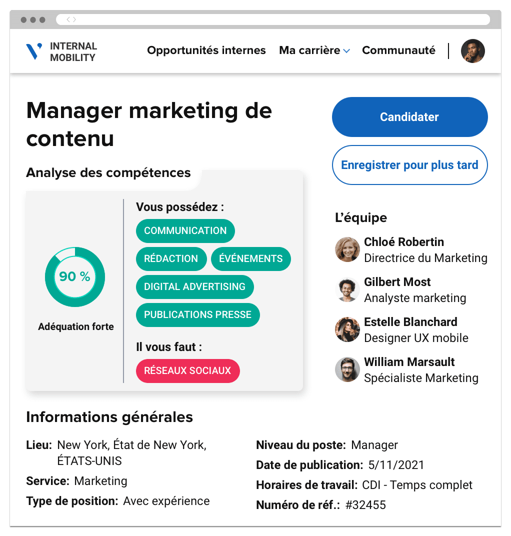 Site web de mobilité interne indiquant le score global de l'utilisateur et l’adéquation à un poste, et l’option pour postuler.