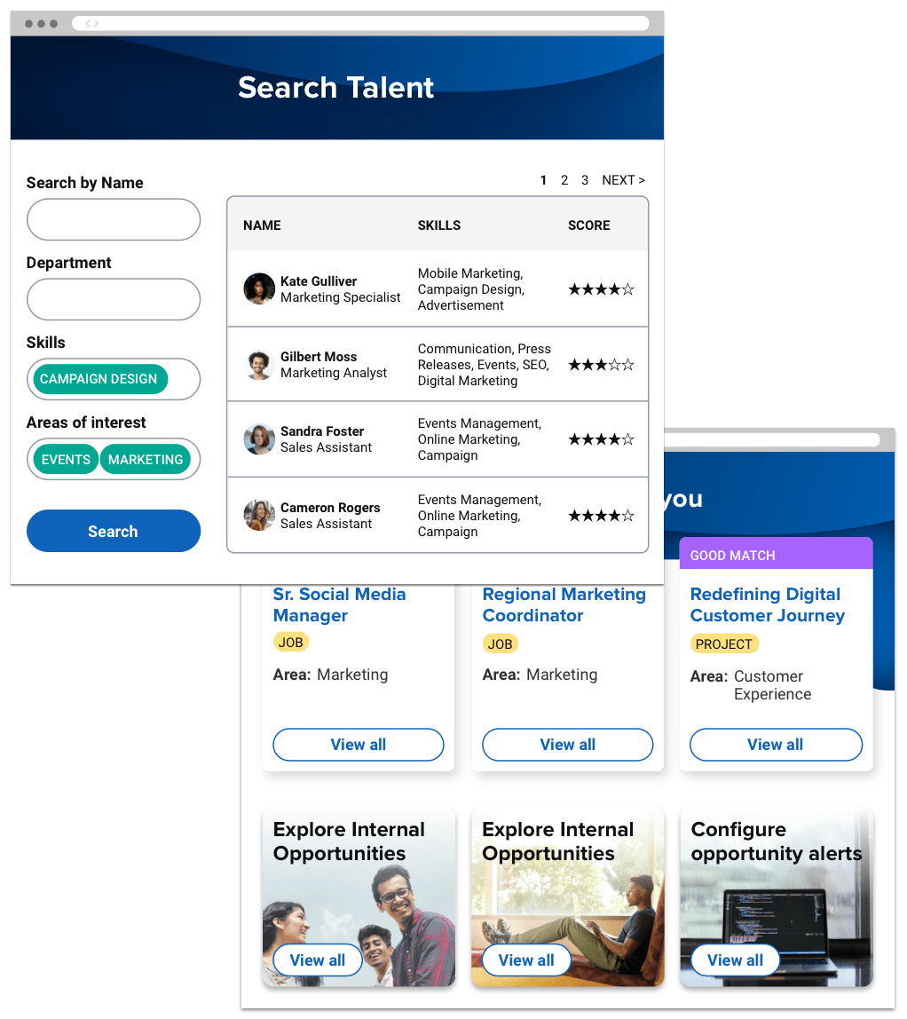 Two screens show a candidate search and a list of recommended opportunities for the employee.