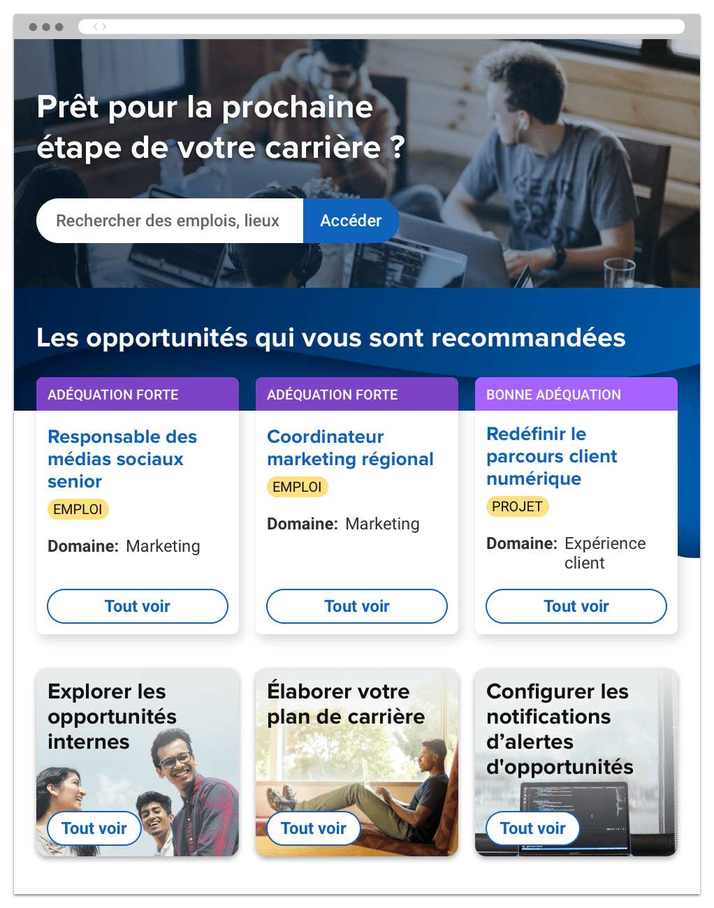 Site web de mobilité interne avec barre de recherche et liste d'opportunités recommandées pour l'utilisateur.