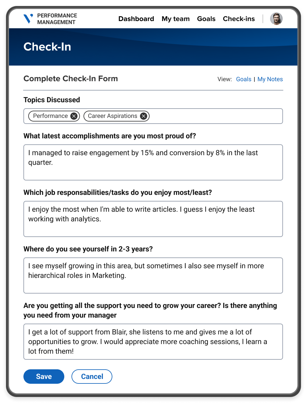 A performance management portal showing a performance self-evaluation form, with fields to complete about topics discussed.