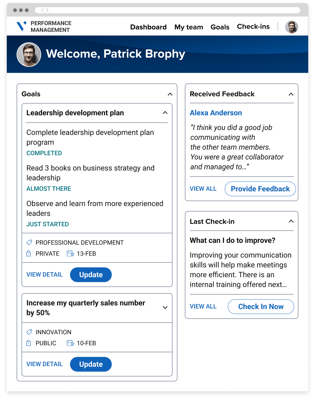 A performance management portal showing the employee's development plan, goals, and feedback.