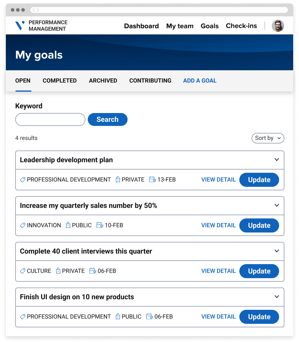 A performance management portal showing a list of personal goals. There are options to update them, search by keyword, and sort.