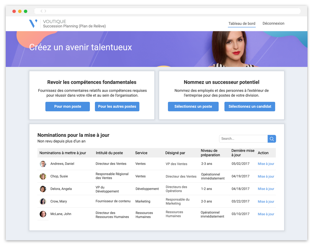 Site web de plan de succession, avec liste de candidats pour examiner les compétences et désigner des successeurs.