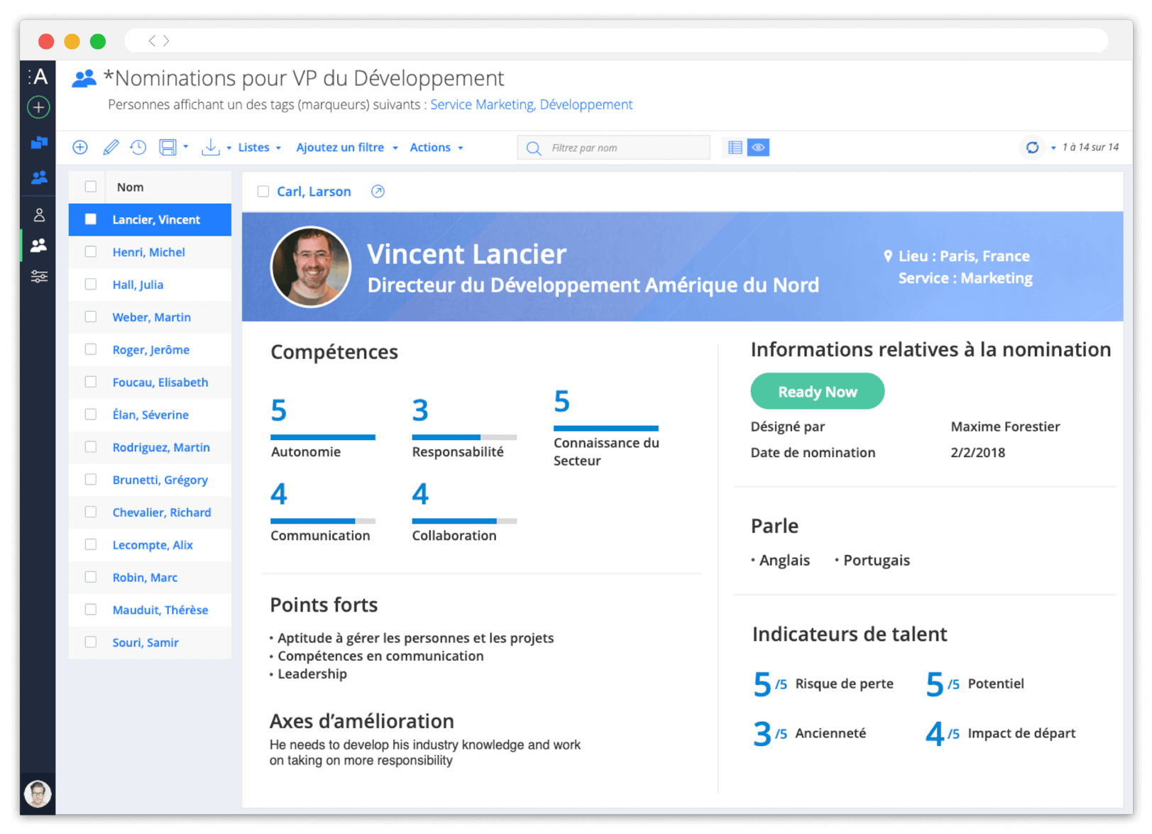 Profil d'un employé avec infos sur ses compétences clés, points forts, axes d'amélioration et informations relatives à sa nomination.