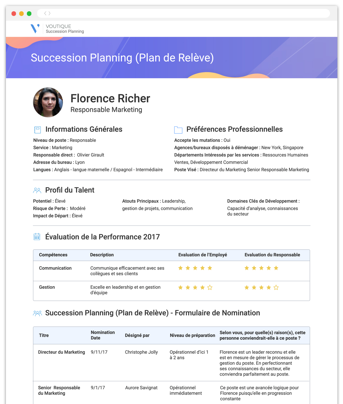 Profil d'employé pour le plan de succession avec infos de base, préférences de carrière, évaluations de performances et nominations.