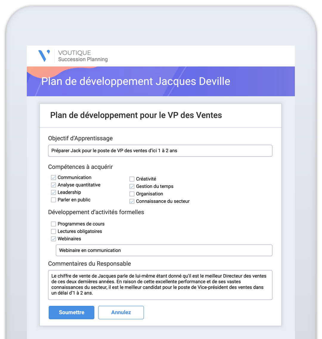 Plan de développement d'un employé contenant les compétences à atteindre, les activités de développement et les feedbacks du manager.