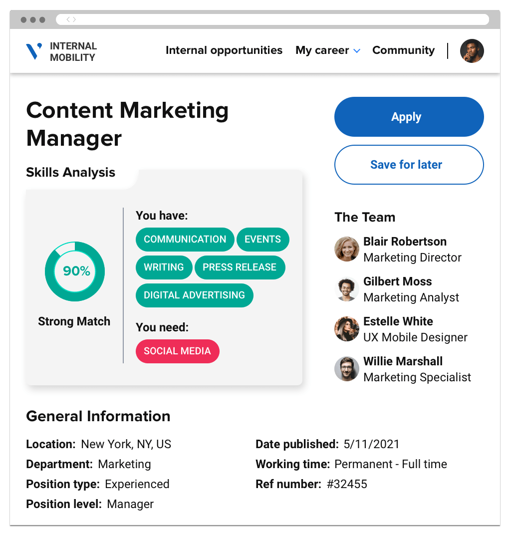 An internal mobility website, showing the user's overall score and skills matching for a position and the option to apply.