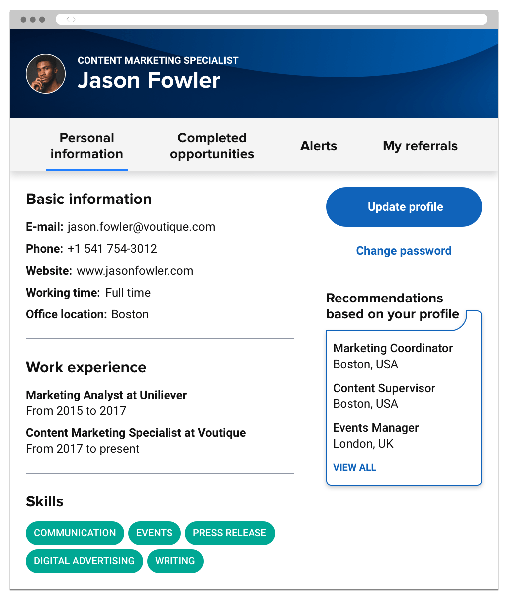 An employee profile listing their personal information, skills, work experience and recommended open positions.