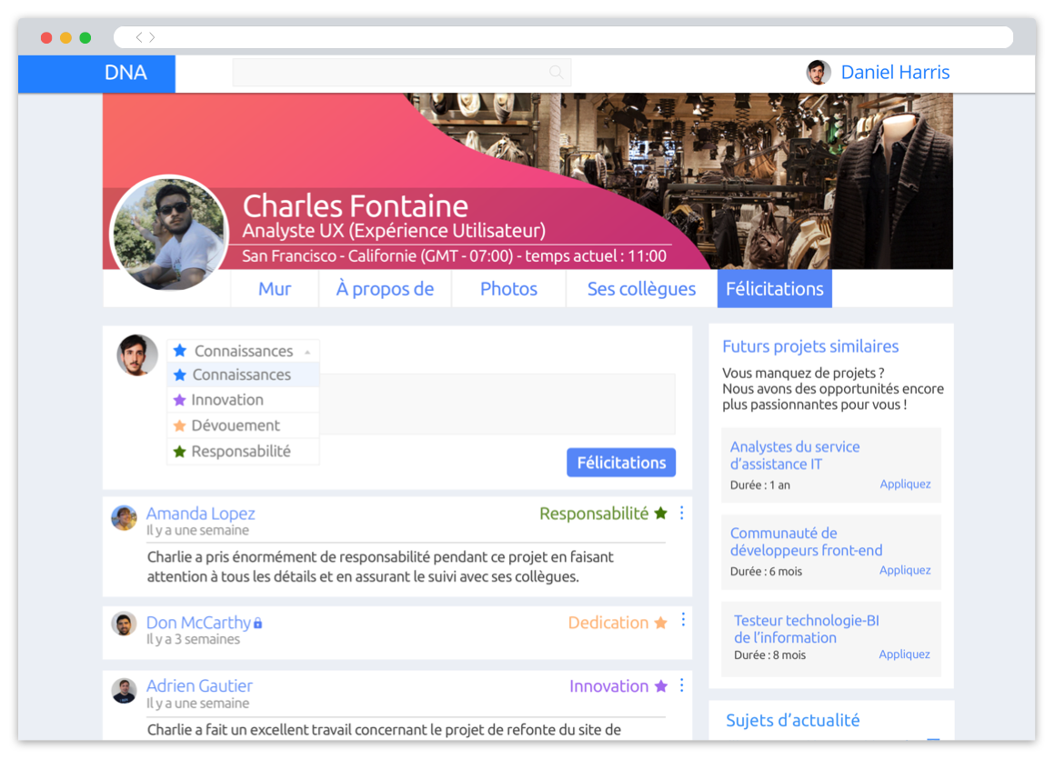 Page Avature DNA avec profil utilisateur et messages de collègues félicitant l'utilisateur pour son travail sur ses projets antérieurs.