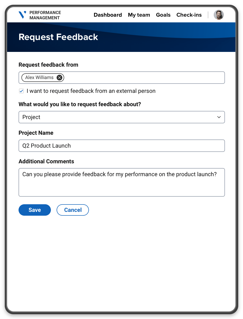 A feedback request form allowing users to ask for feedback from their coworkers, as well as about which project.