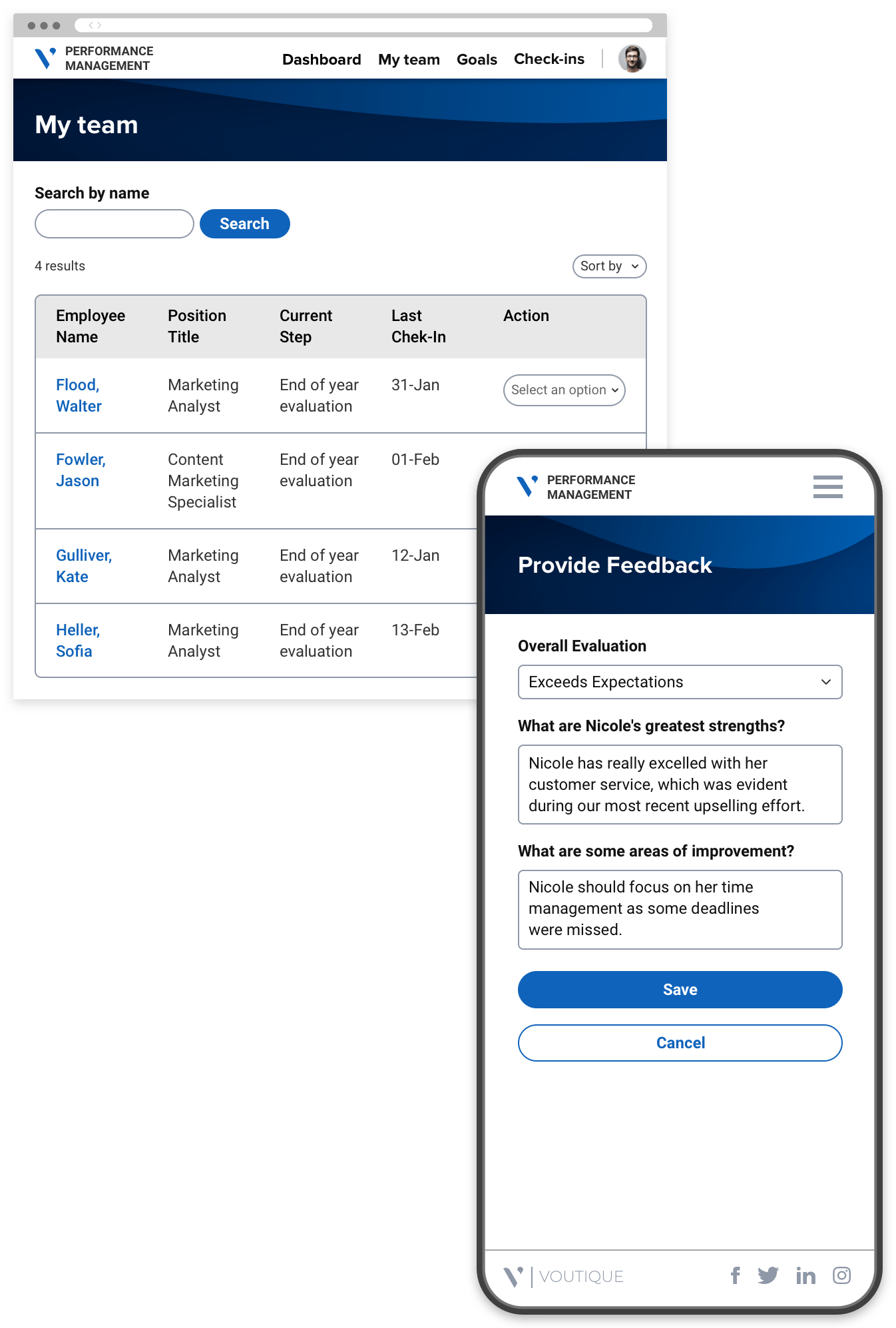 A manager's performance management portal with a list of team members, and a mobile phone screen with a feedback form.