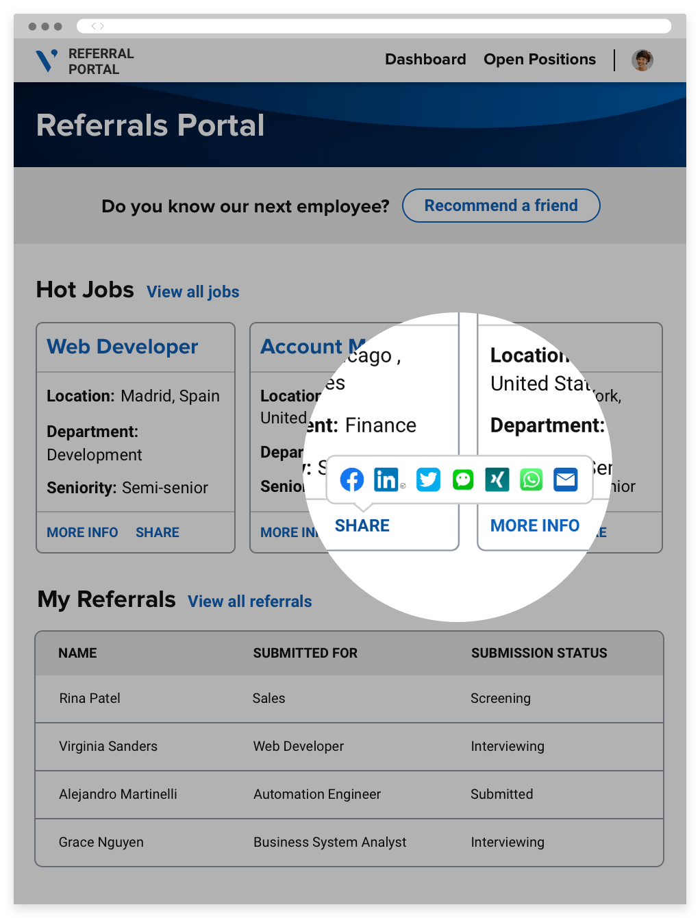 A referrals portal, highlighting the multiple sharing options of a prioritized job, including social media.