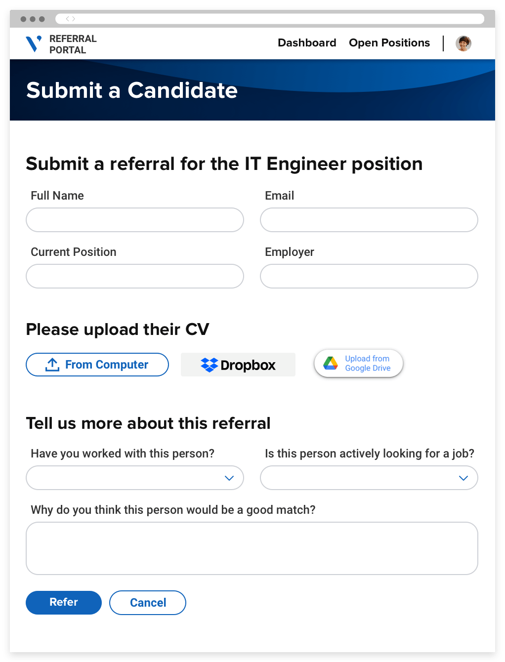 A referrals portal page where employees populate fields with information about the person they're referring.