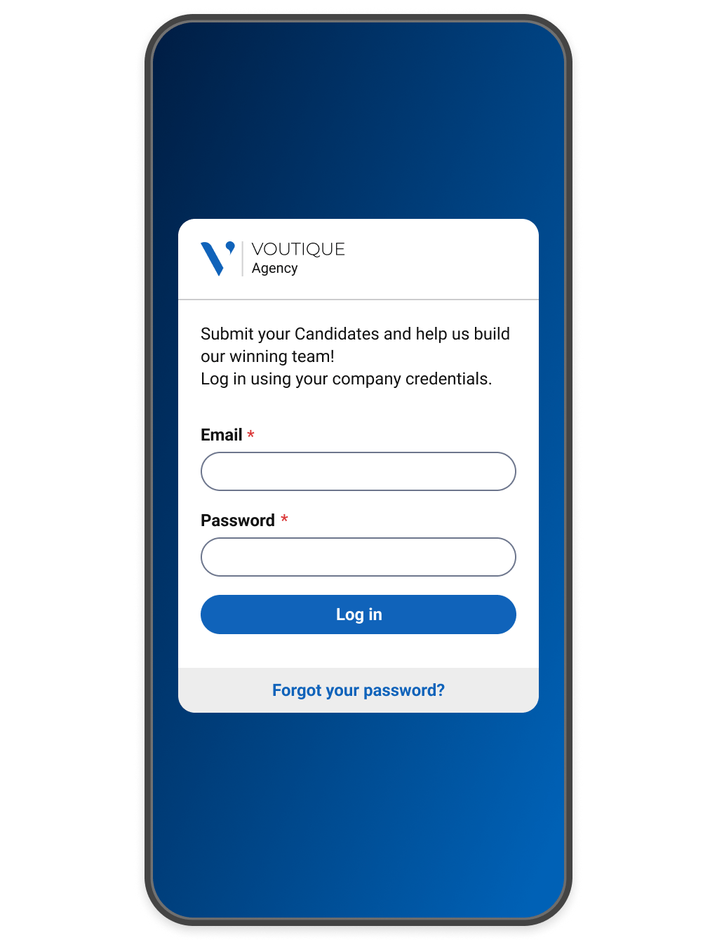 The log-in page for a mobile portal where agencies can submit candidates.