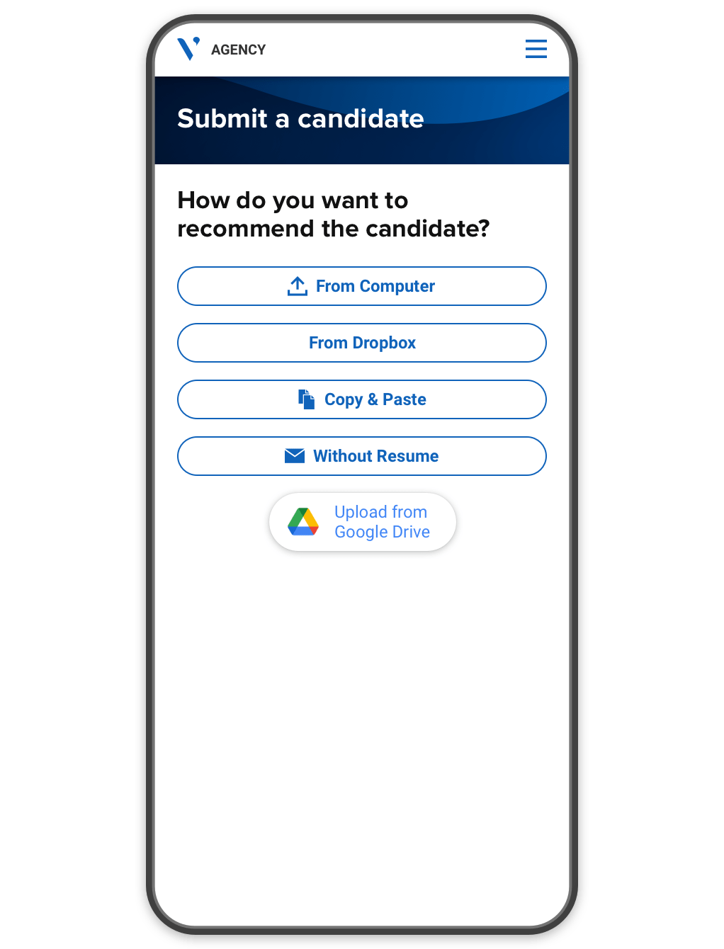 A mobile portal showing multiple ways of uploading a resume to recommend a candidate.