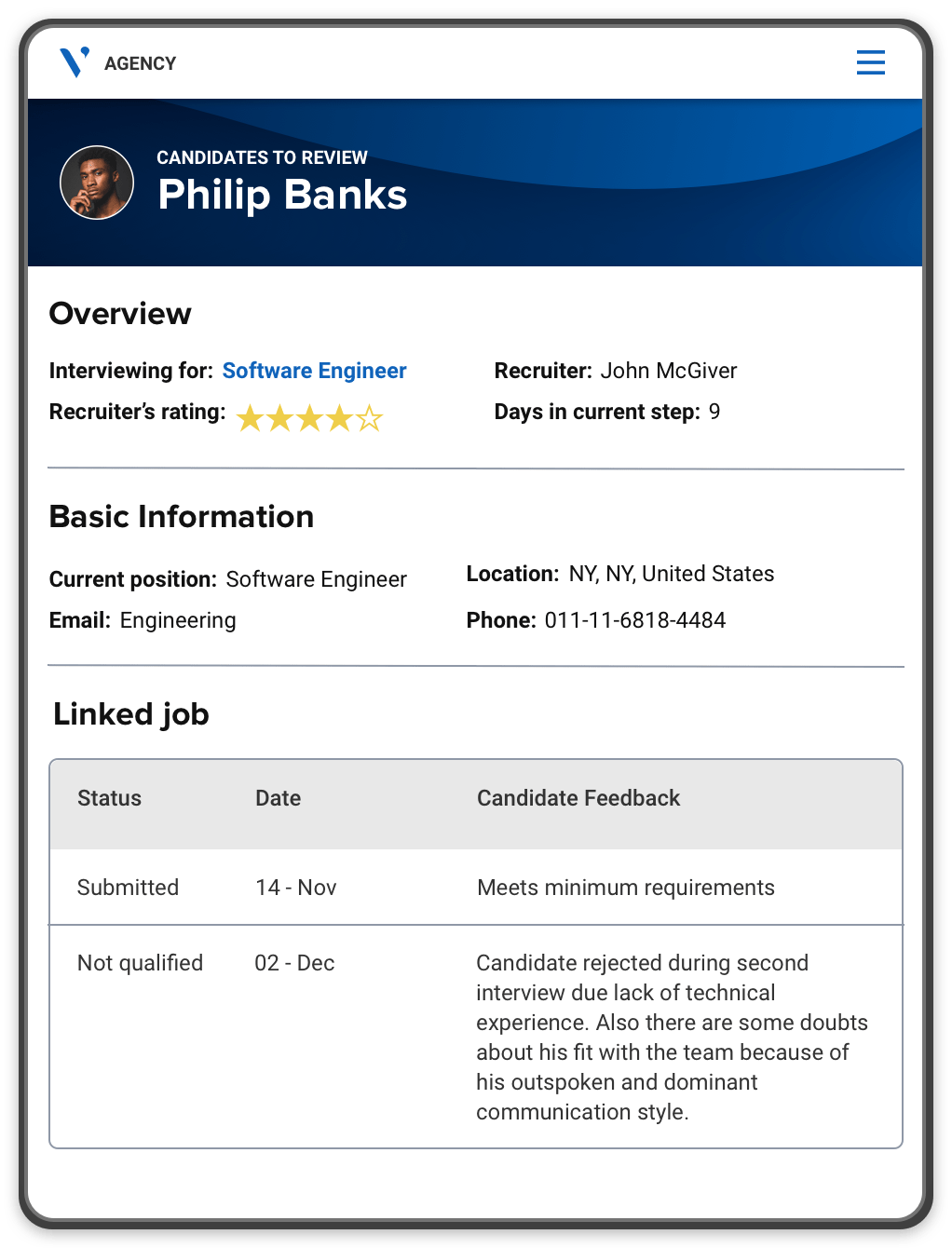 An agency management portal showing a candidate's information, the job they're being considered for, and the recruiter's feedback.