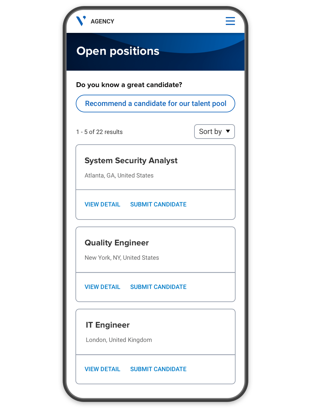 The mobile version of an agency management portal showing job postings and options to view their details and submit candidates.