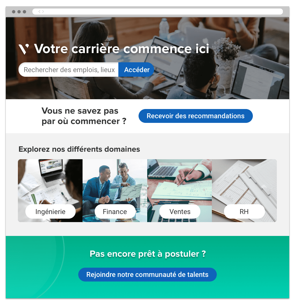 Page d'arrivée où les utilisateurs cherchent des emplois via une recherche, des recommandations ou des catégories.