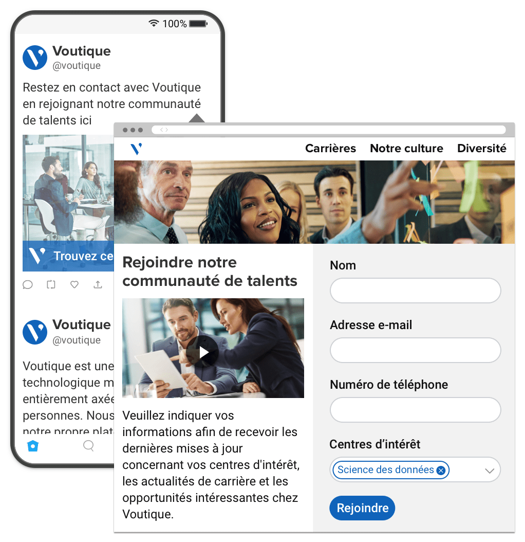 Microsite où les utilisateurs rejoignent une communauté de talents et appareil mobile affichant les posts Twitter de l'entreprise.