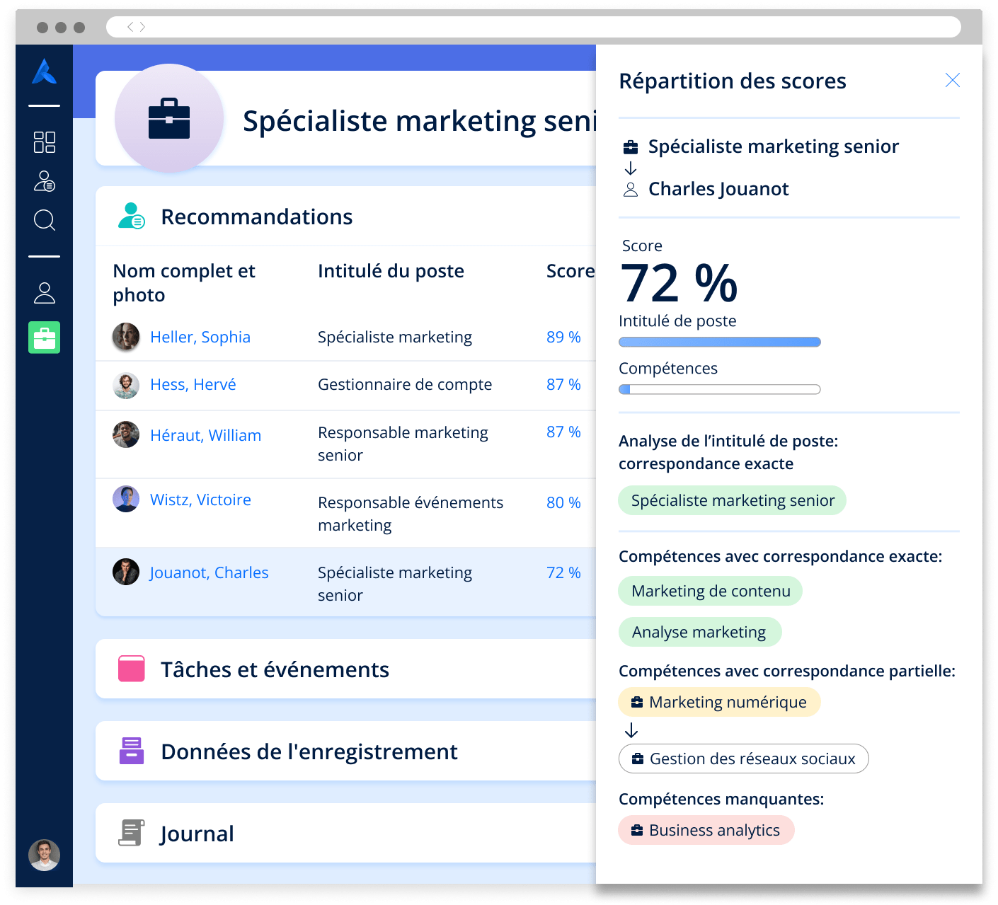 Capture d’écran montrant les scores des candidats obtenus à l’aide de l’IA Avature