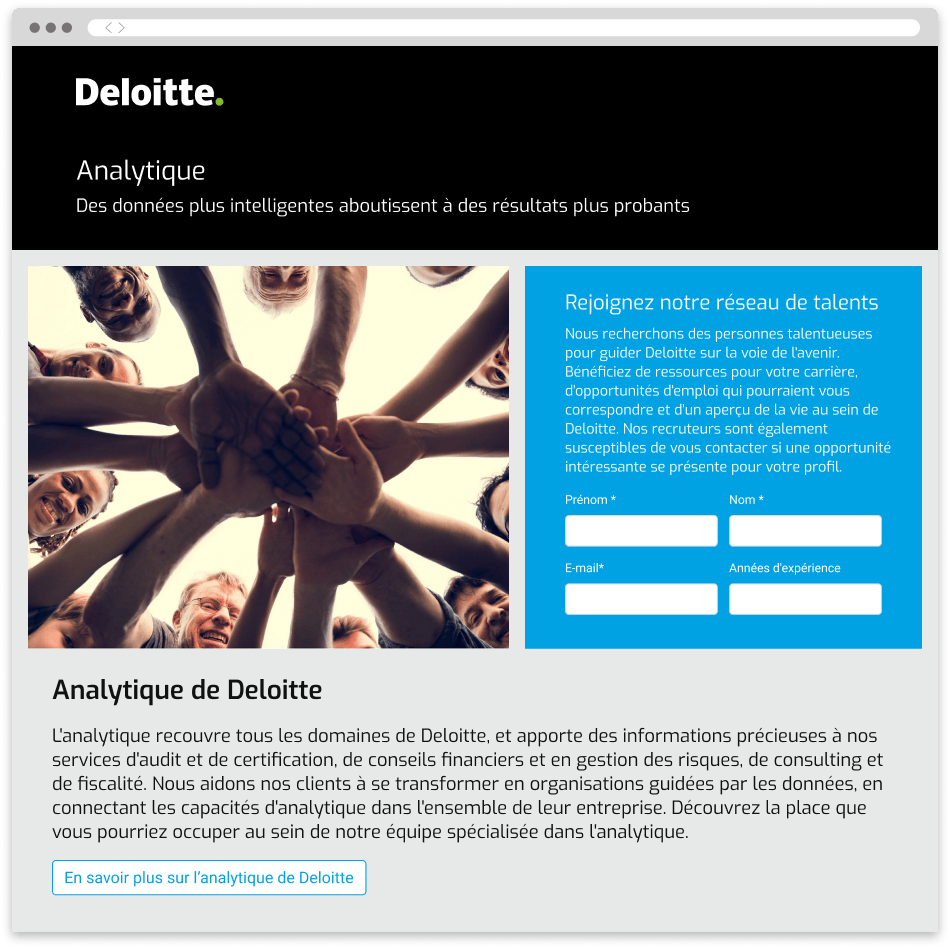 Capture d’écran d’un site carrière Deloitte créé avec Avature CRM.