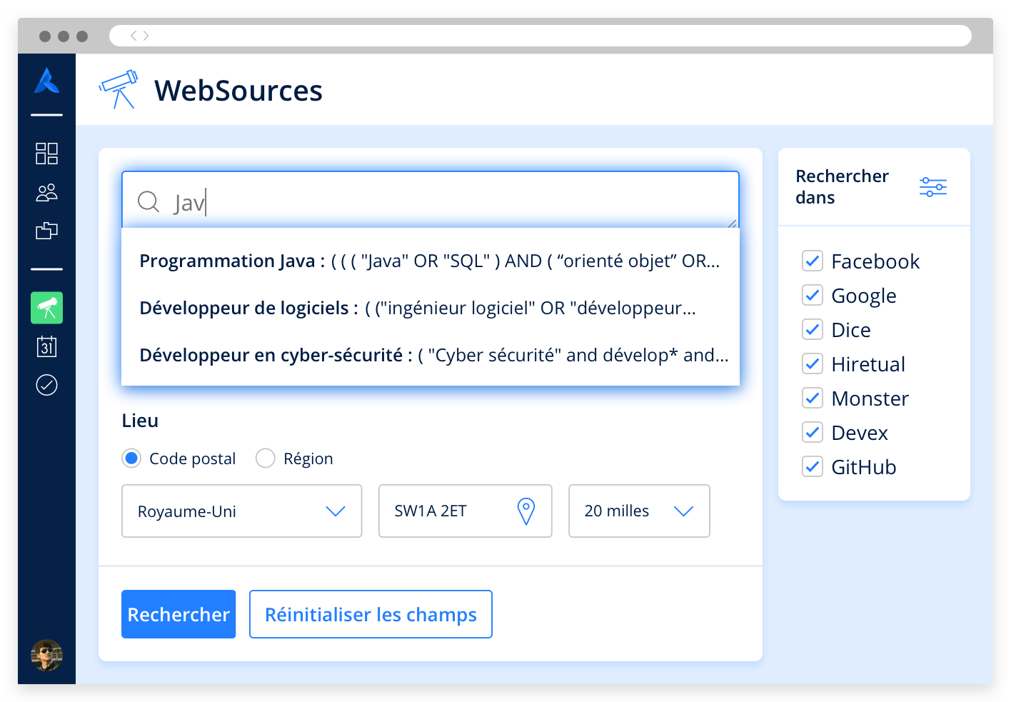 Fonction WebSources où l'outil de recherche sémantique Avature propose des suggestions pertinentes pendant la saisie de l'utilisateur.