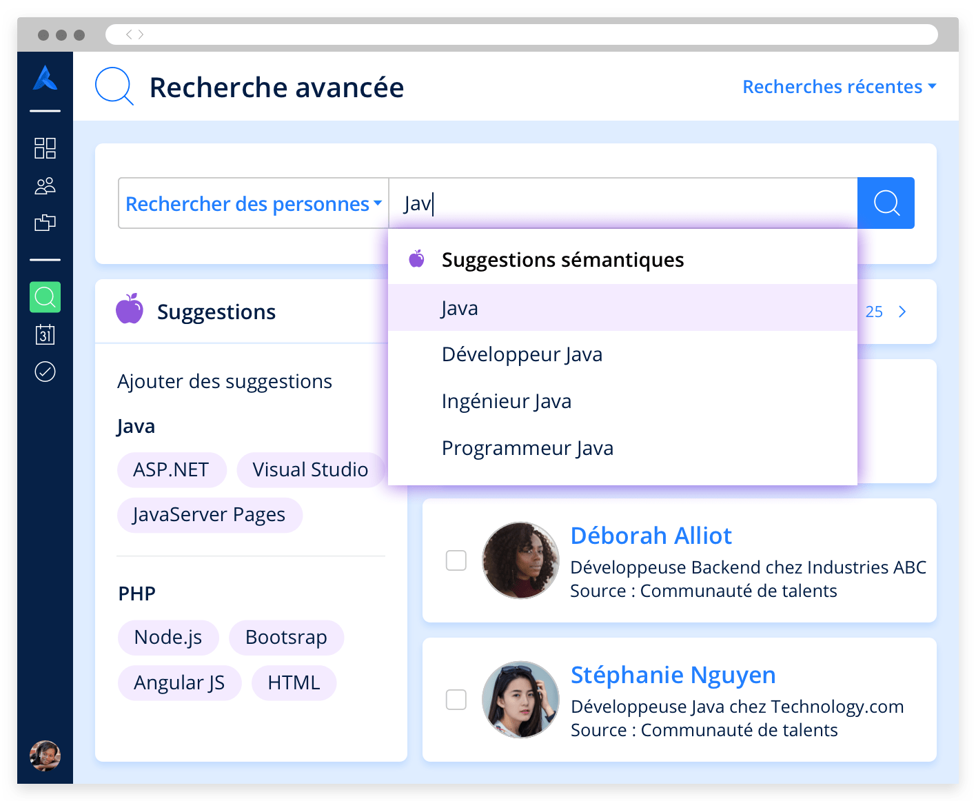 Recherche avancée d’Avature affichant des suggestions sémantiques pendant la saisie de l'utilisateur, et des résultats de candidats.