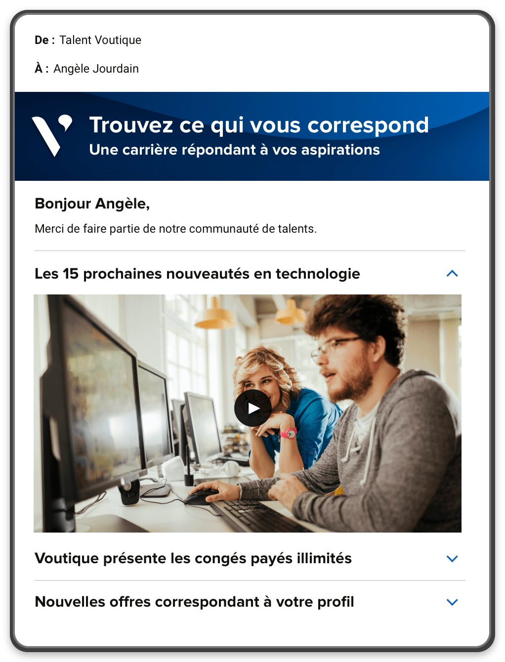 E-mail personnalisé généré automatiquement montrant comment les workflows Avature créent des processus de recrutement engageants.