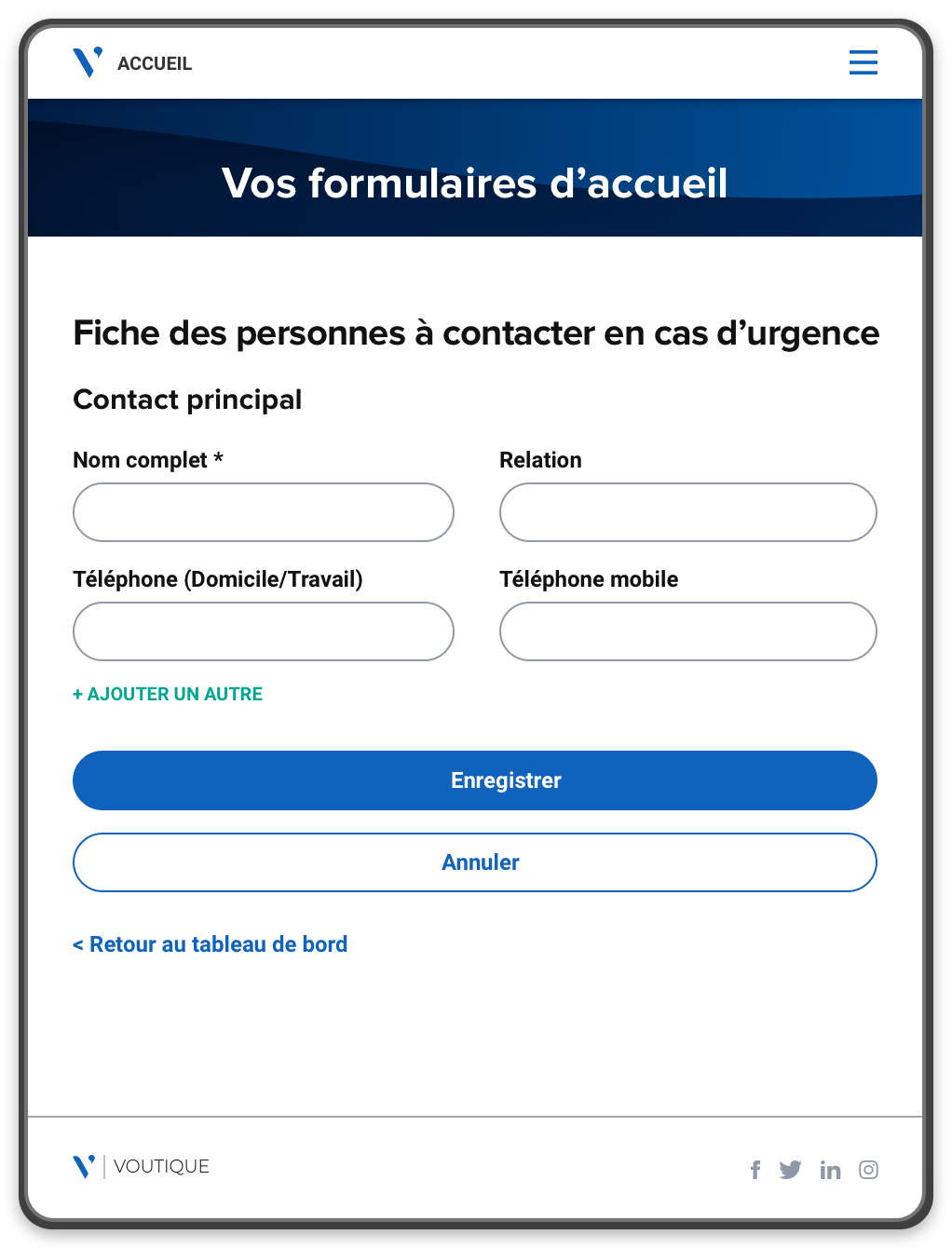 Portail d'accueil présentant un formulaire de contact d'urgence que le nouvel employé peut remplir et sauvegarder.