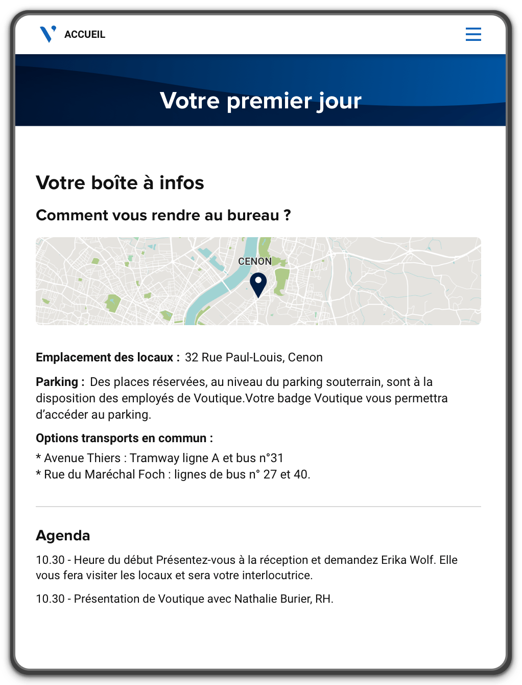 Portail d'accueil avec géolocalisation du bureau, possibilités de transport et de stationnement, et itinéraire de l'employé.